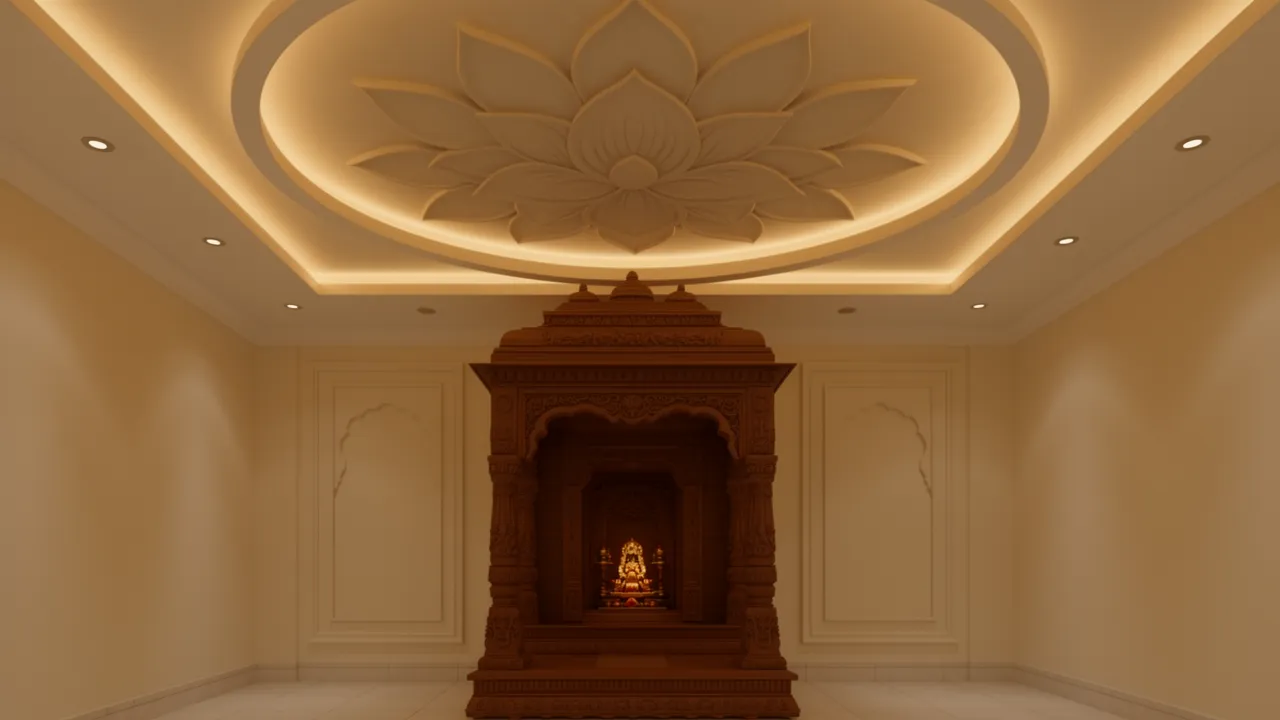 pooja room ceiling with lotus motif design and soft backlighting