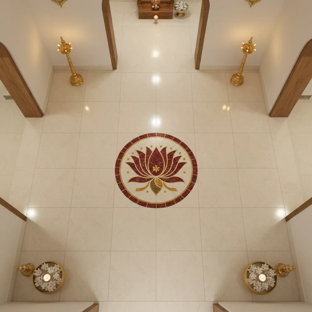 Lotus pattern tile centerpiece in pooja room floor