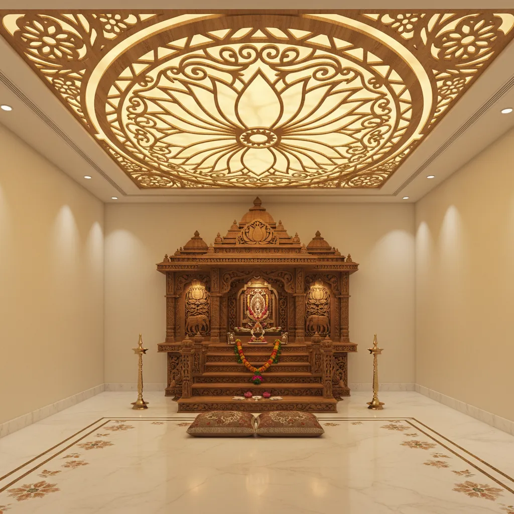Pooja room false ceiling with lotus pattern and backlighting