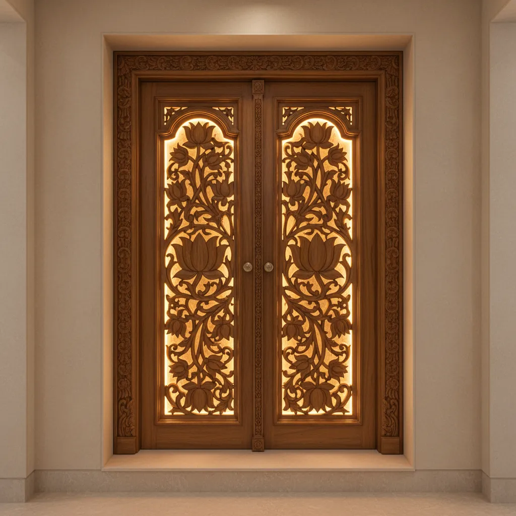 wooden pooja doors featuring lotus carving panels with backlighting