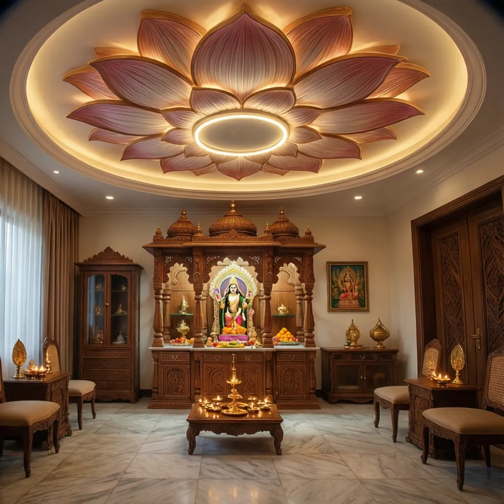 Lotus inspired false ceiling design in South Indian pooja room