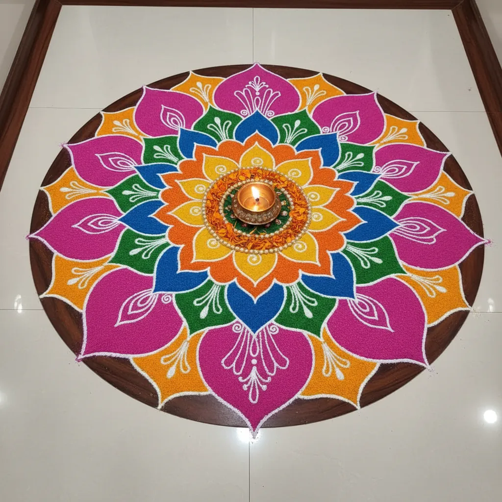 pink lotus rangoli design for pooja floor decoration