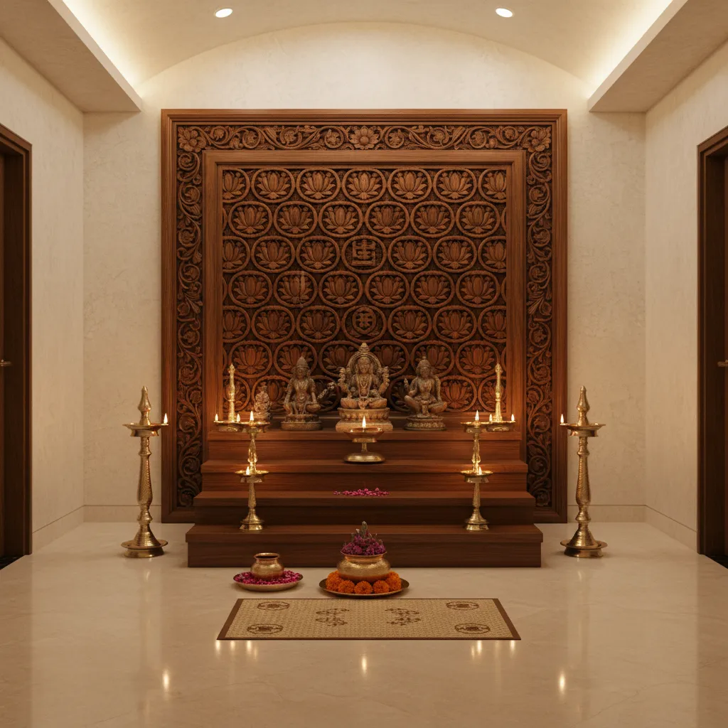 pooja room with lotus carved wooden backdrop panel