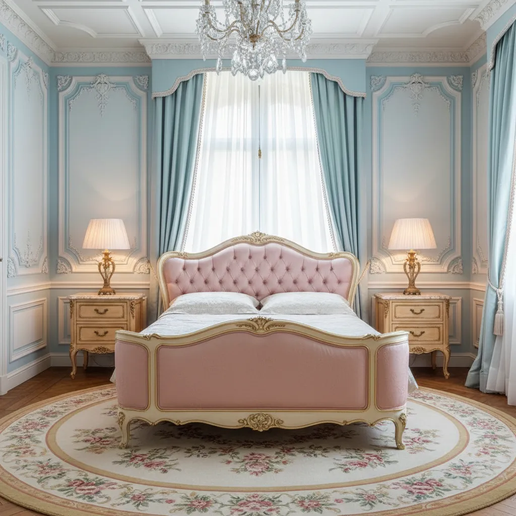 Dormitorio inspirado en el estilo Luis XVI con colores suaves