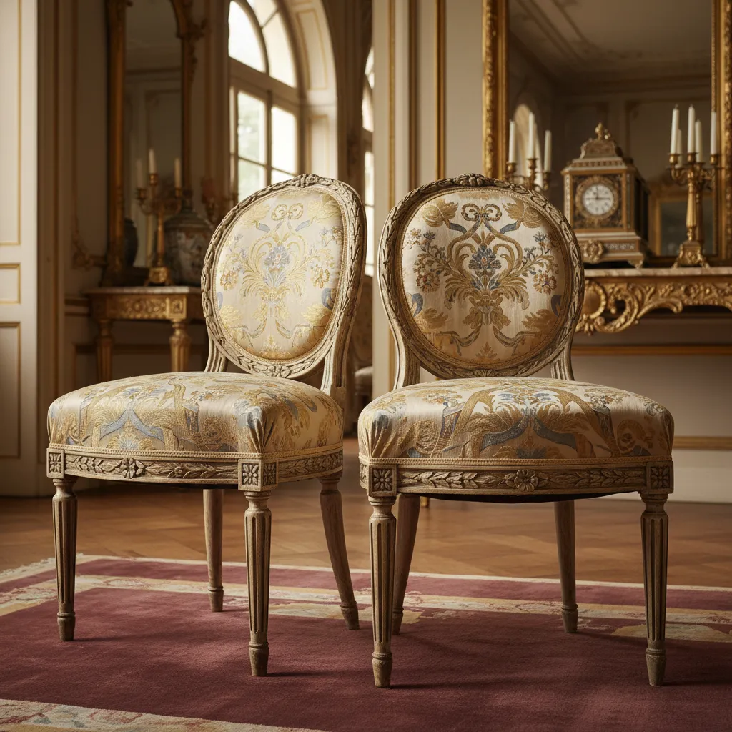 Detalle de sillas clásicas con patas acanaladas estilo Luis XVI