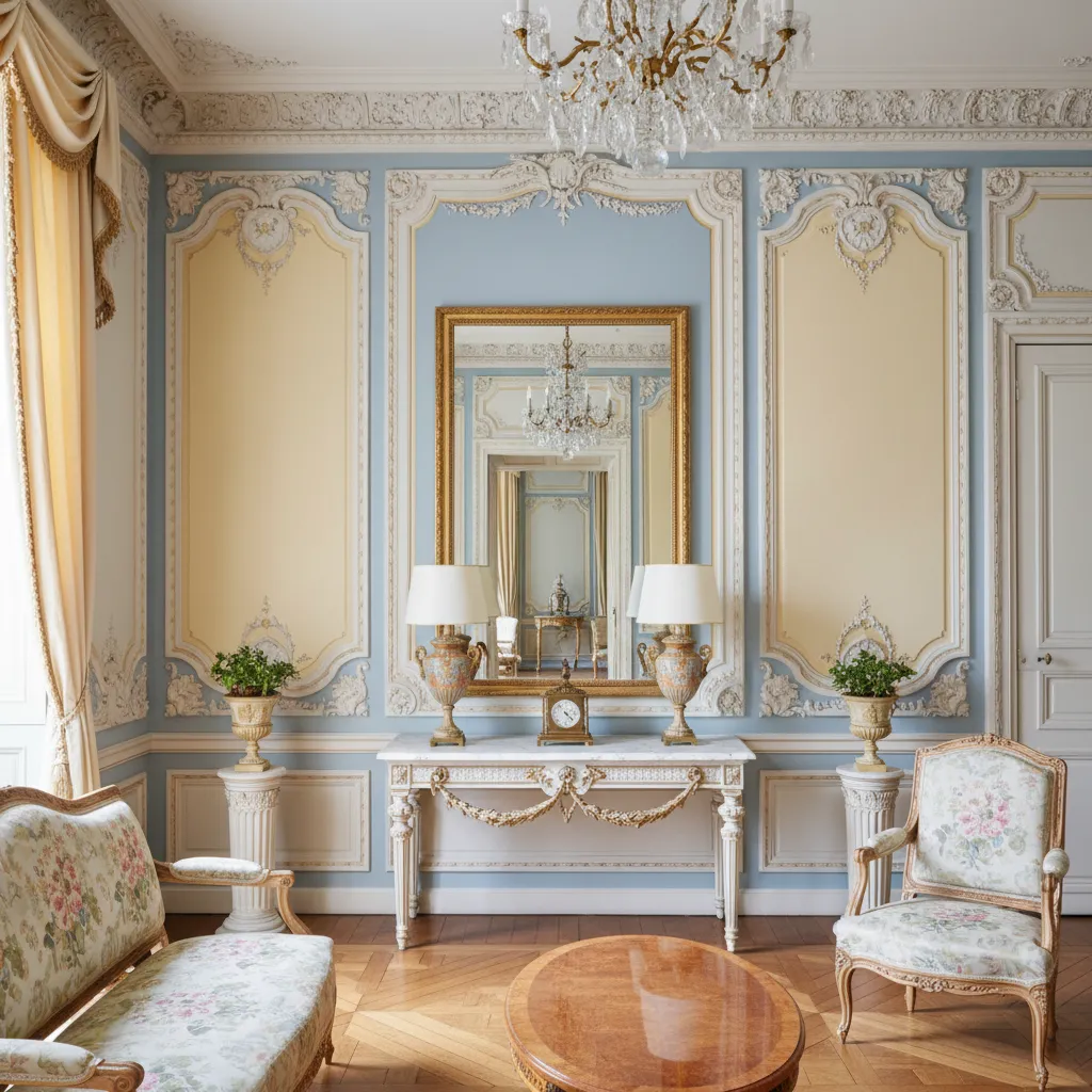 Interior Luis XVI con colores pastel, molduras clásicas y materiales nobles