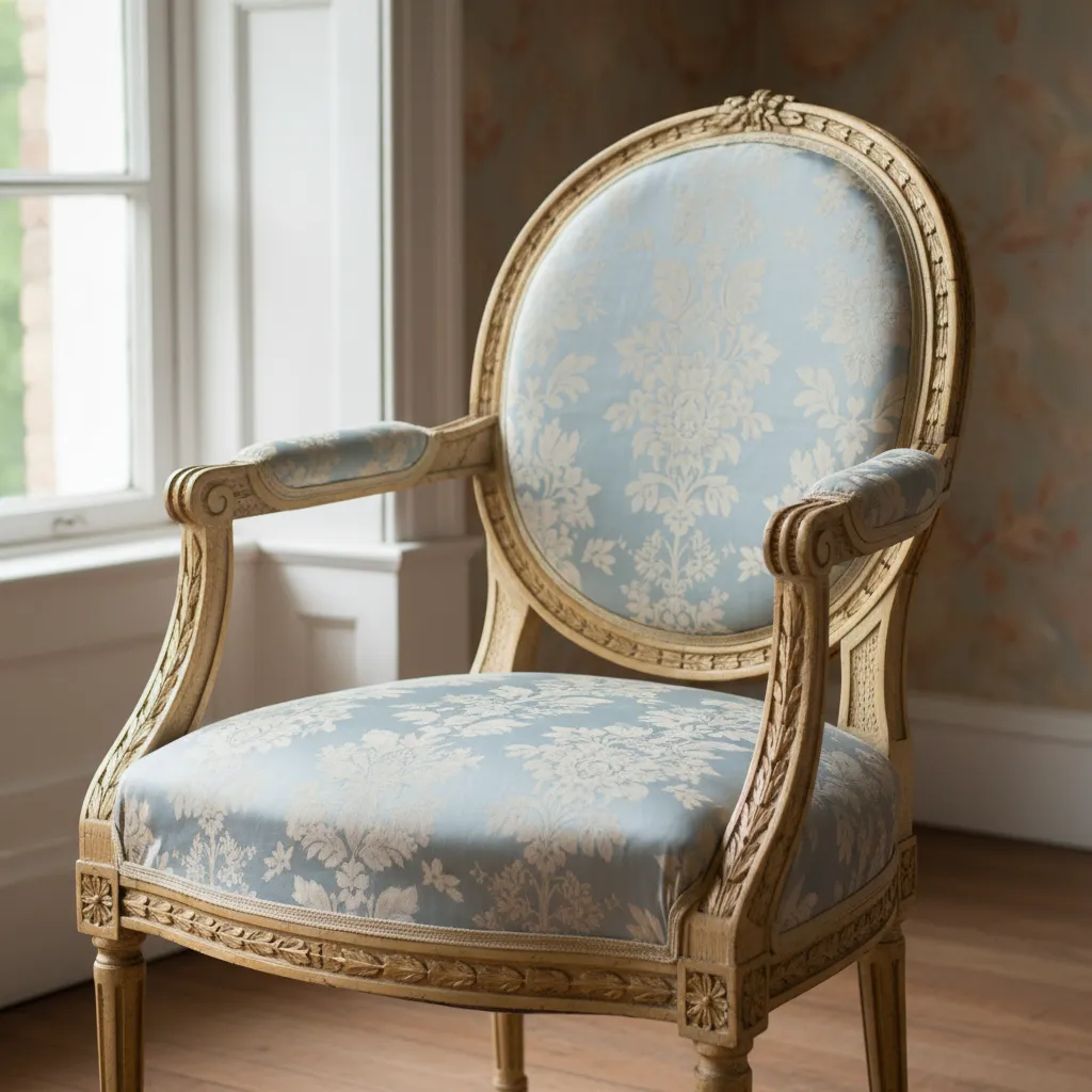 Detalle de silla Luis XVI con patas rectas acanaladas y respaldo ovalado