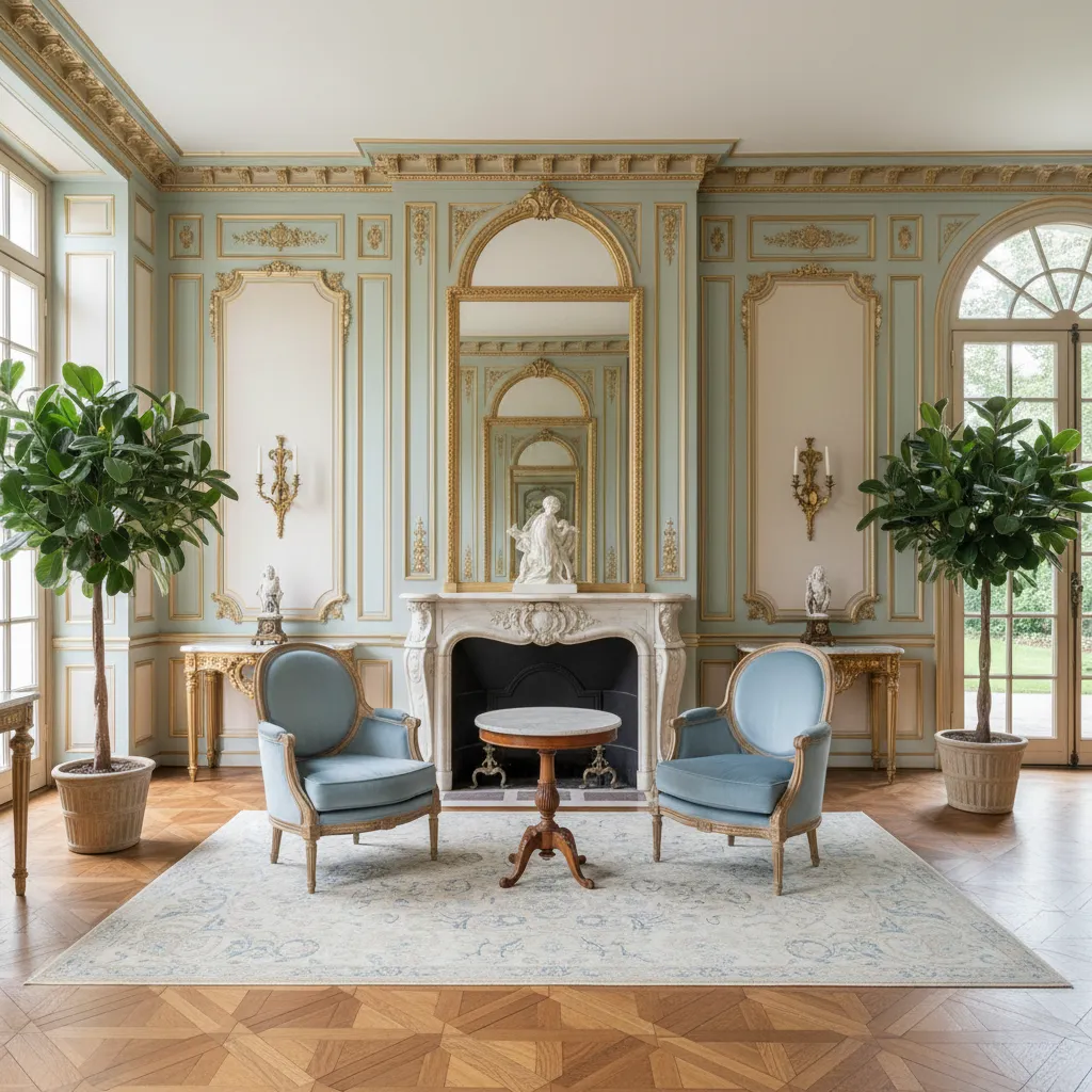Salón simétrico con chimenea central y sillones estilo Luis XVI