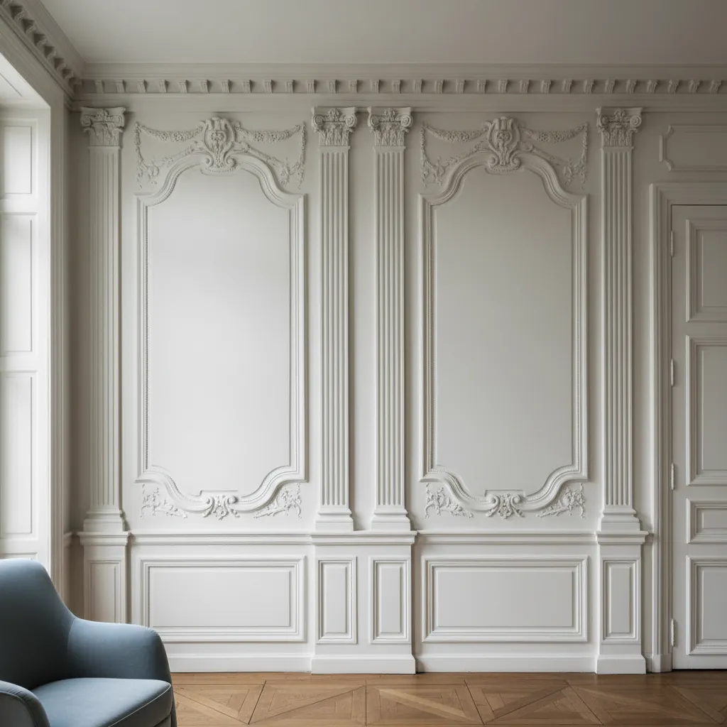 Pared con molduras geométricas típicas del estilo Luis XVI