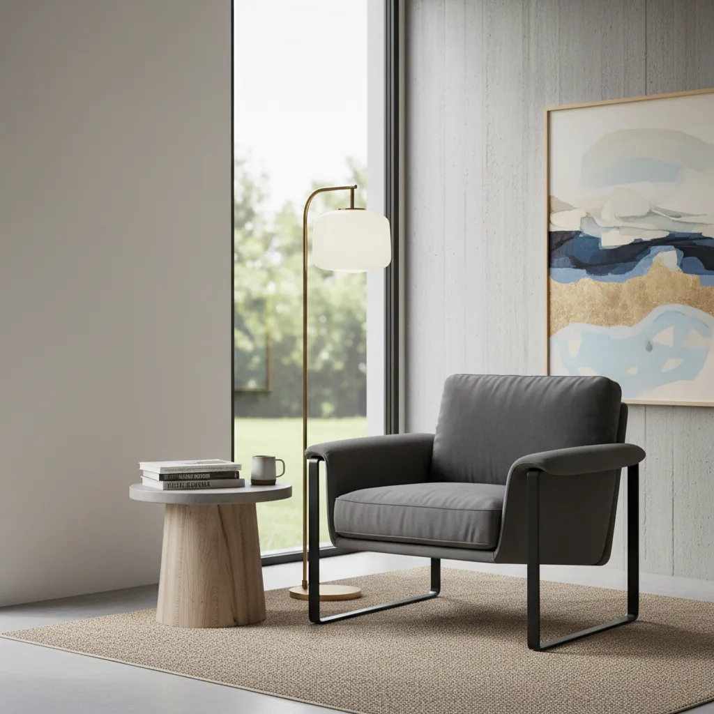 Modern lounge chair in a cozy reading corner with floor lamp