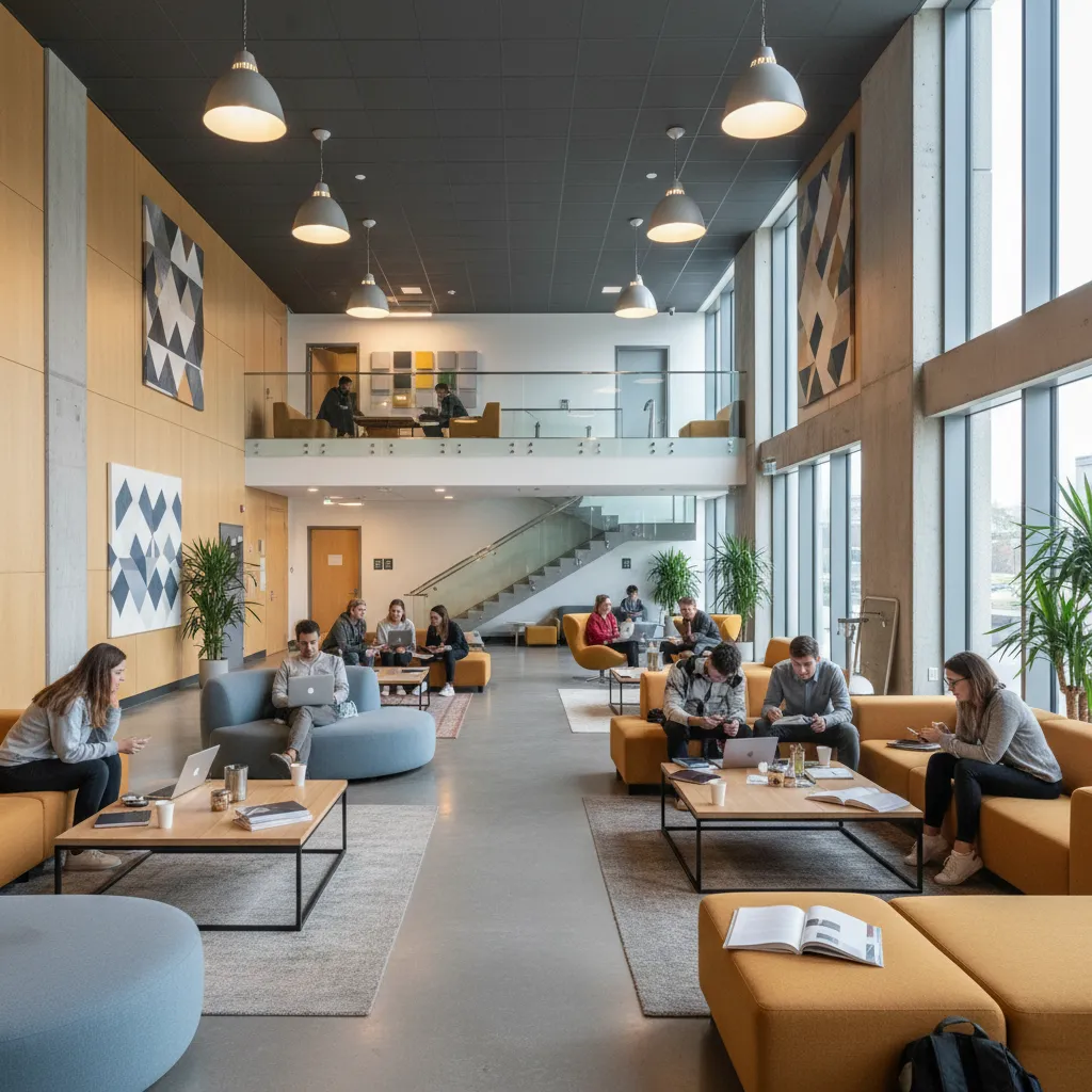 Área lounge en campus universitario con estudiantes usando portátiles