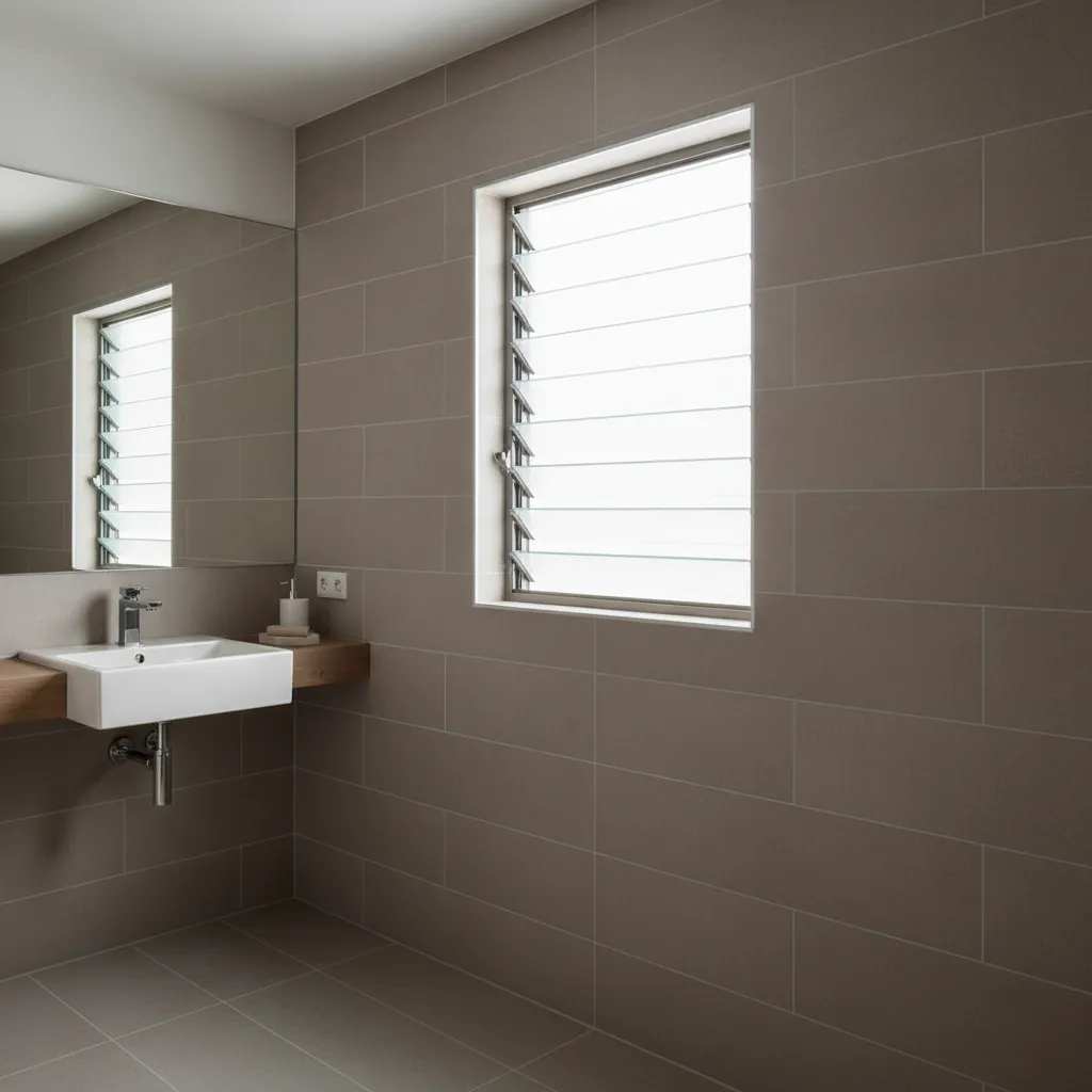 Louver window in bathroom wall allowing adjustable airflow