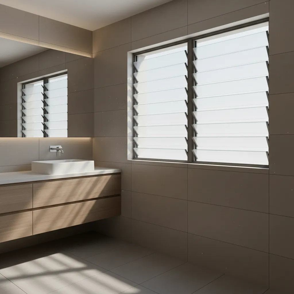 Louvered glass roshandan window designed for bathroom ventilation