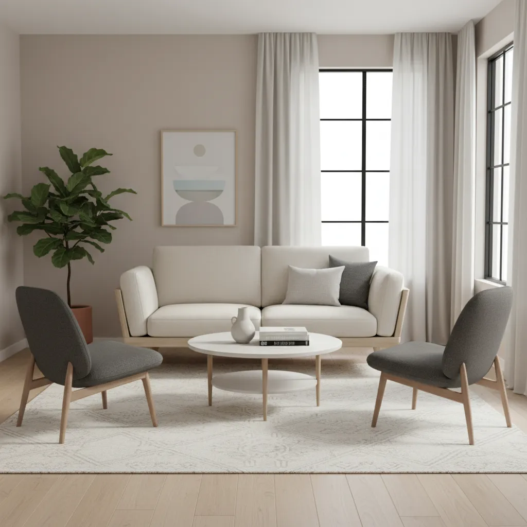 loveseat and accent chairs layout in compact living room