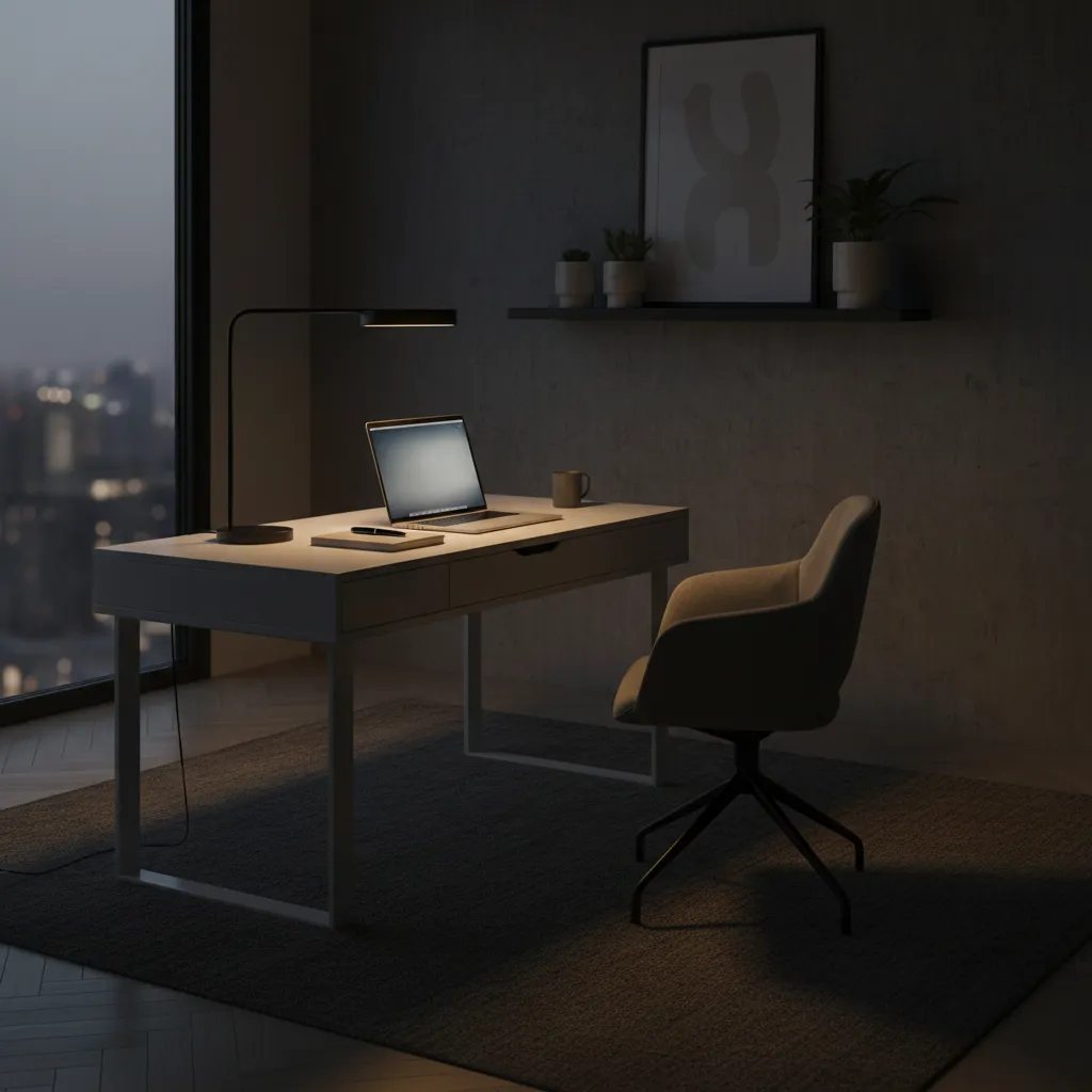 Laptop with dim brightness and warm night light in evening workspace