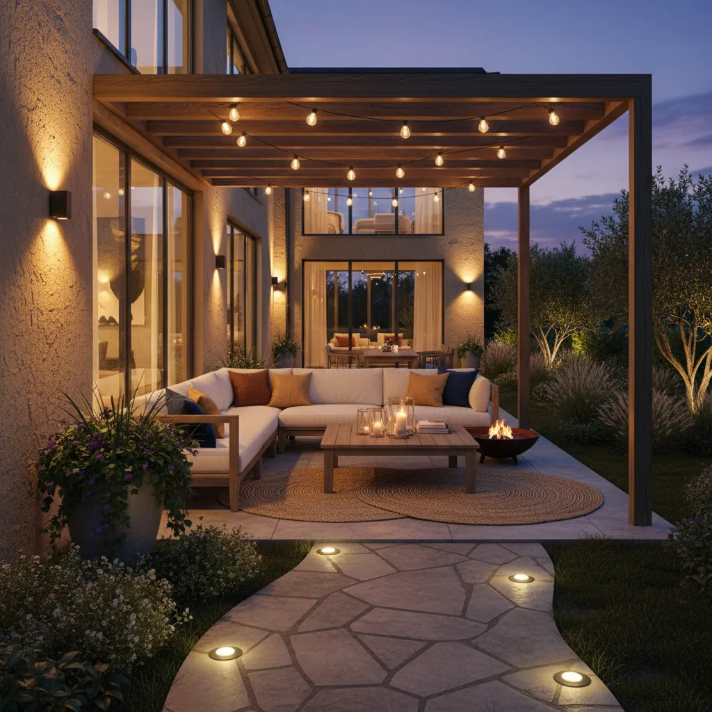Patio with layered low brightness lighting creating comfortable outdoor environment