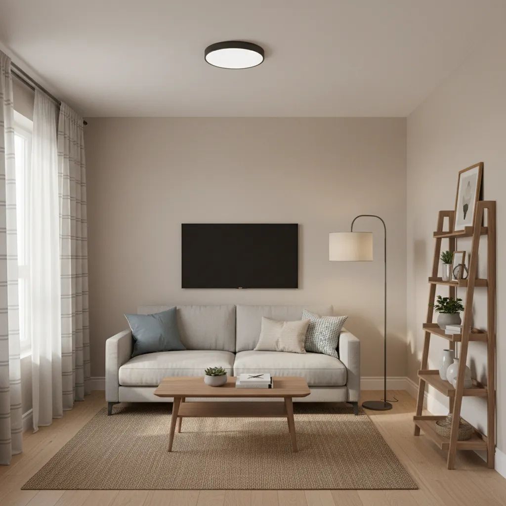 Small apartment living room with low ceiling height and compact lighting fixtures