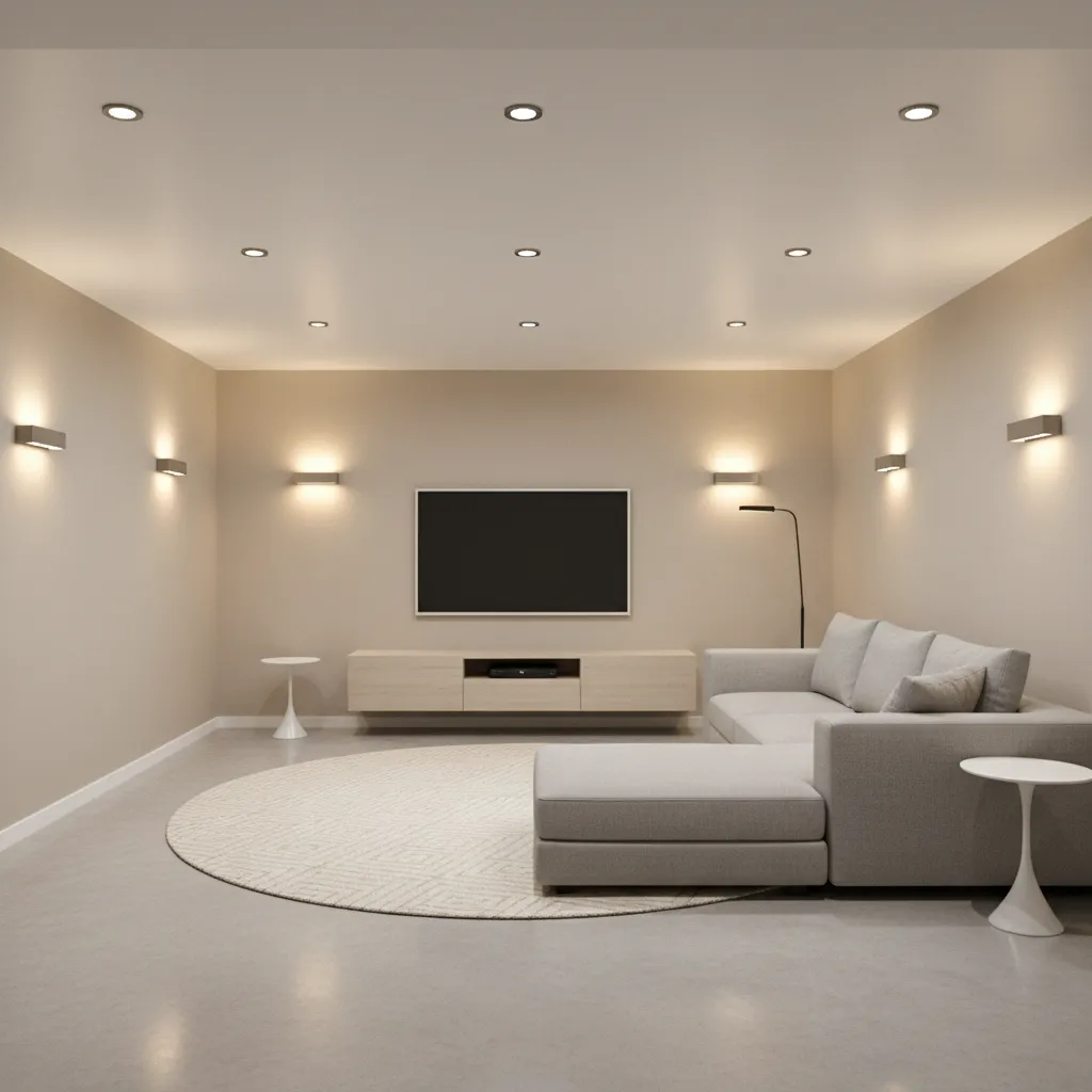 Minimalist basement living room with grey sofa round rug wall lights ceiling lights and flat television
