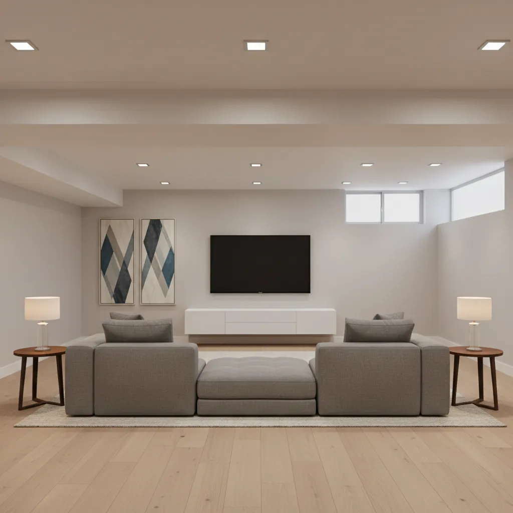 Modern basement living room with grey sofa white cabinet television wood floor and small windows