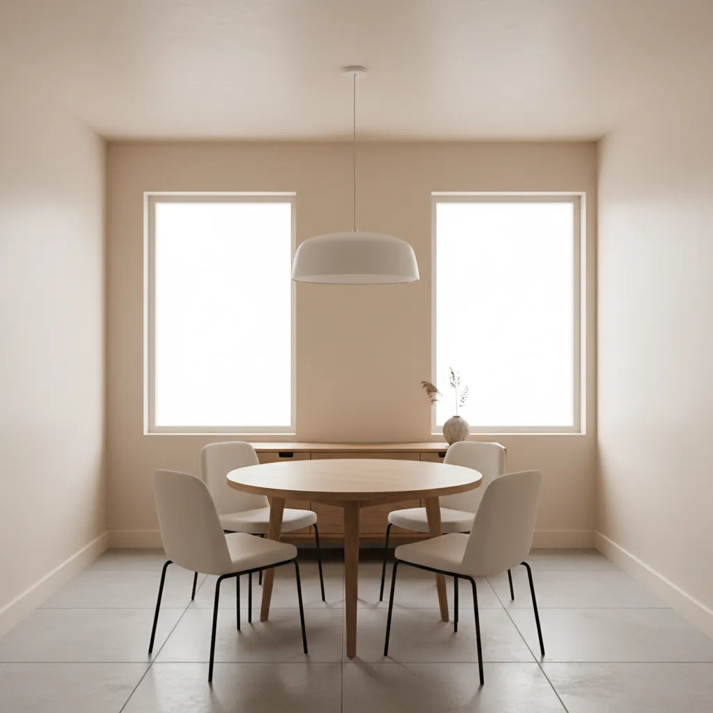 Dining room with low ceiling showing balanced ceiling light proportion above table