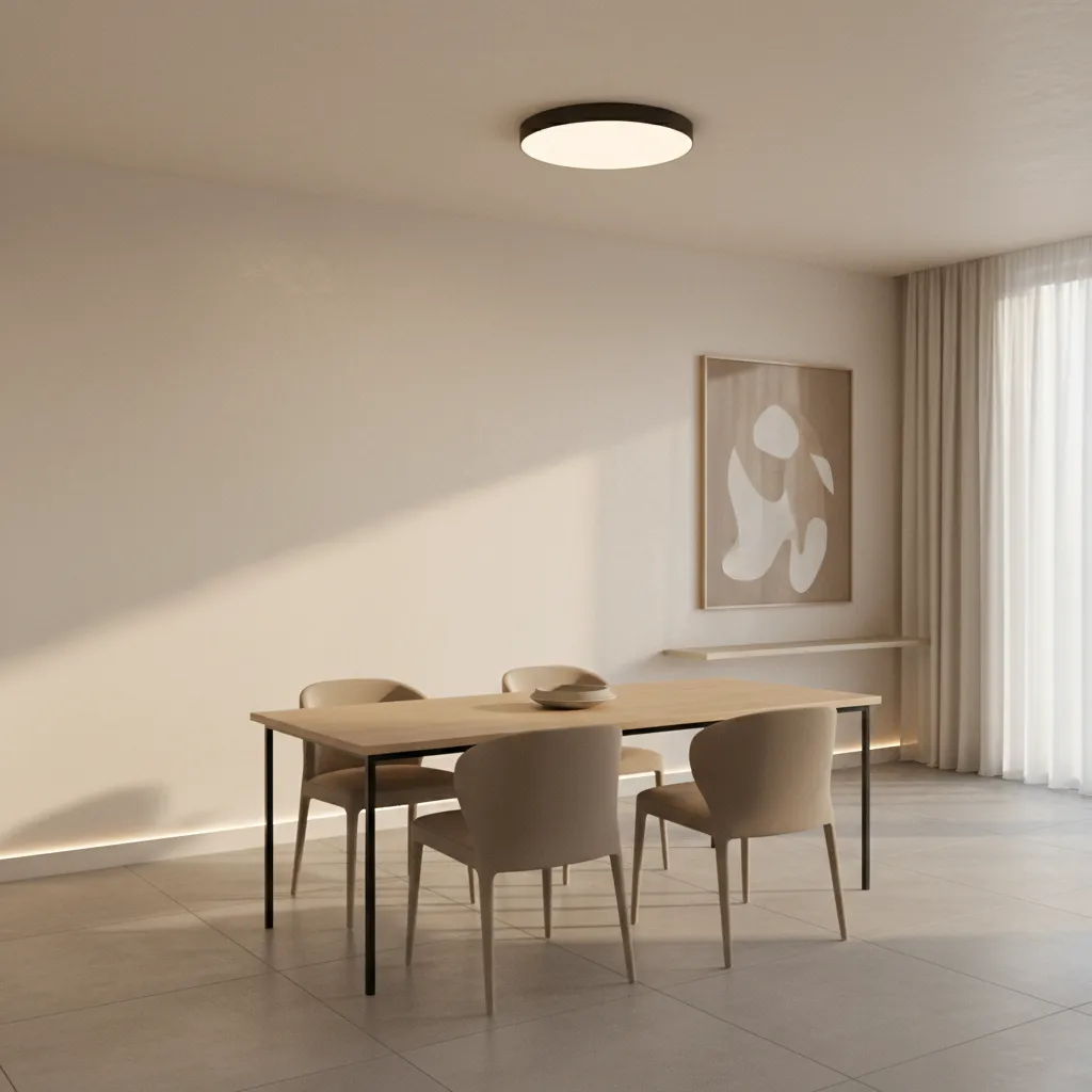 modern dining room with flush ceiling lighting and balanced wall illumination