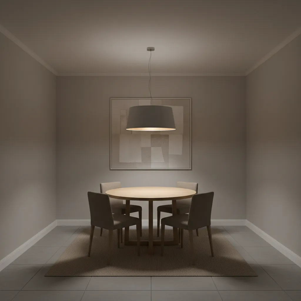 low ceiling dining room showing uneven lighting and glare from single pendant