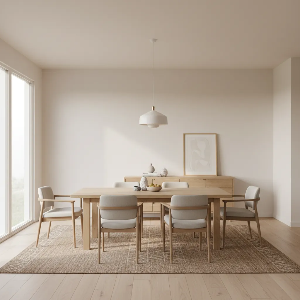 Dining room with 8 foot ceiling and centered pendant light above table