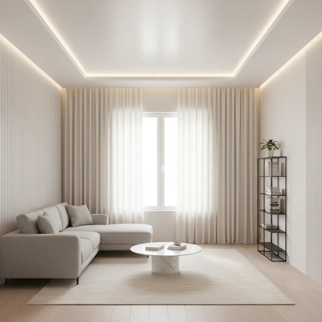 Low ceiling living room designed to appear taller with lighting and vertical elements