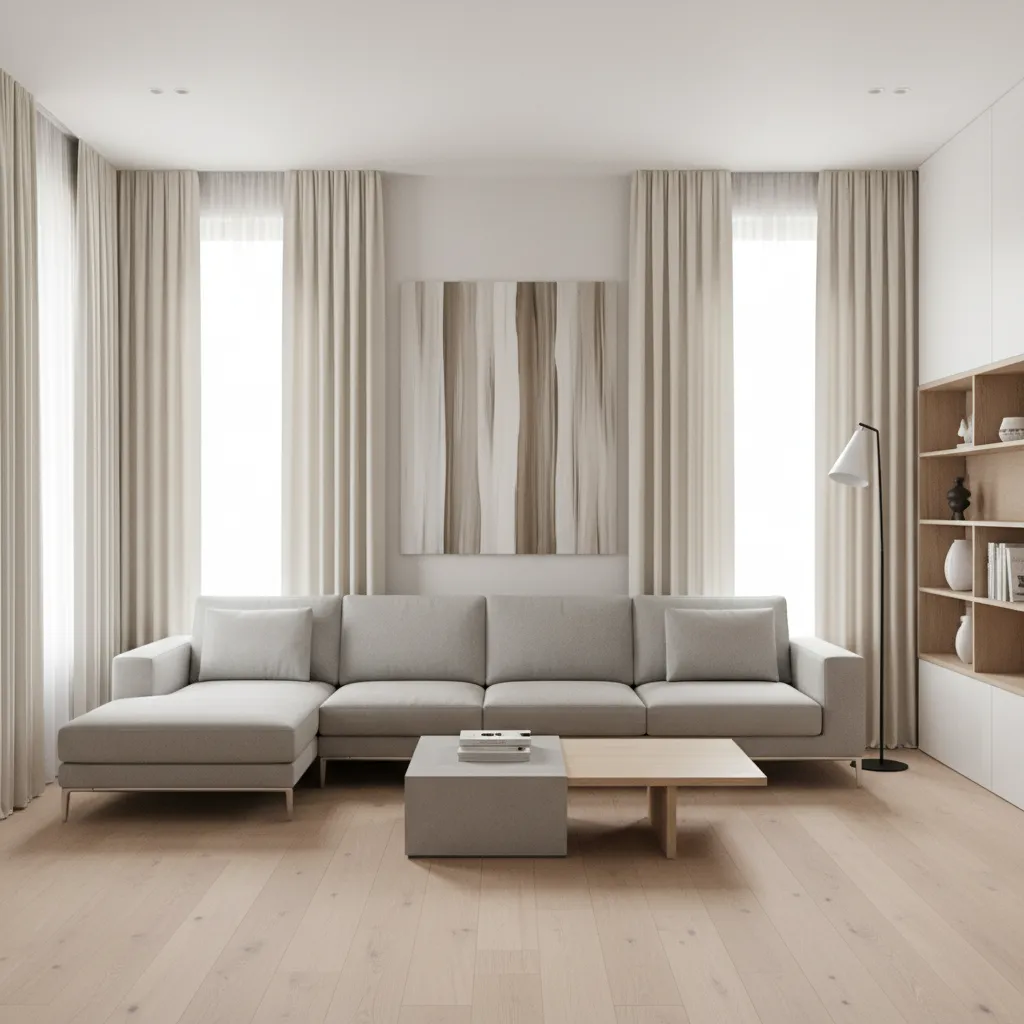 Living room with floor to ceiling curtains making a low ceiling appear taller