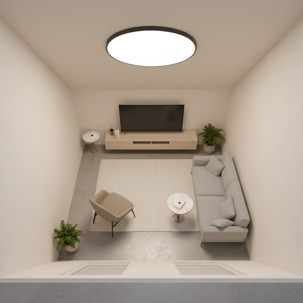 Optimized furniture layout in a small low ceiling living room