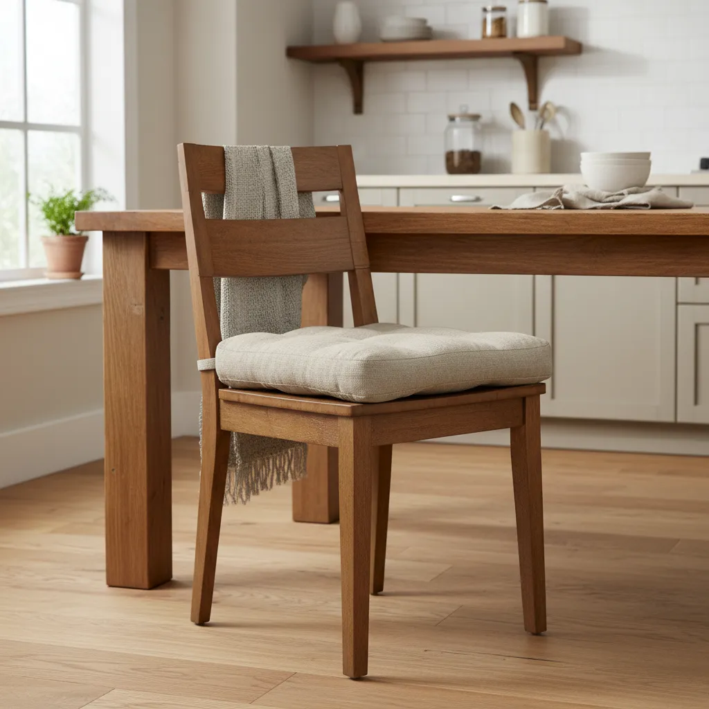Dining chair with cushion used to raise seating height at table