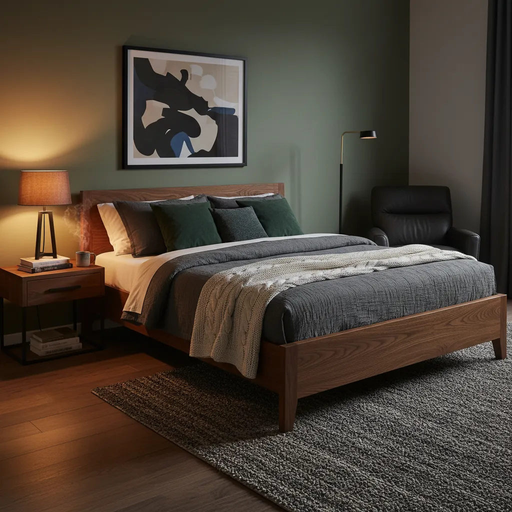 Bedroom showing upgraded bedding and warm lighting creating cozy masculine atmosphere