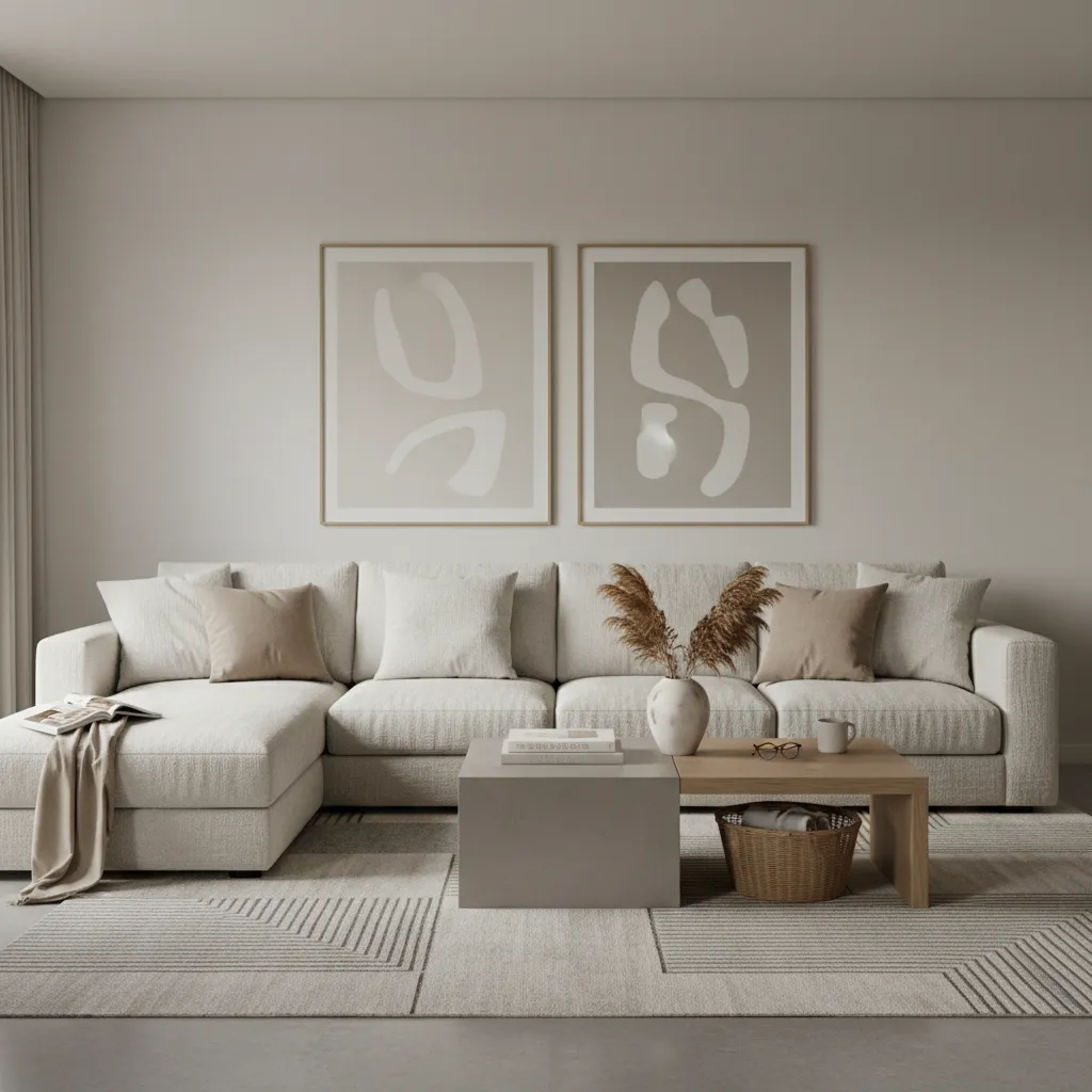 Living room with flat lighting and mismatched decor creating a low energy atmosphere