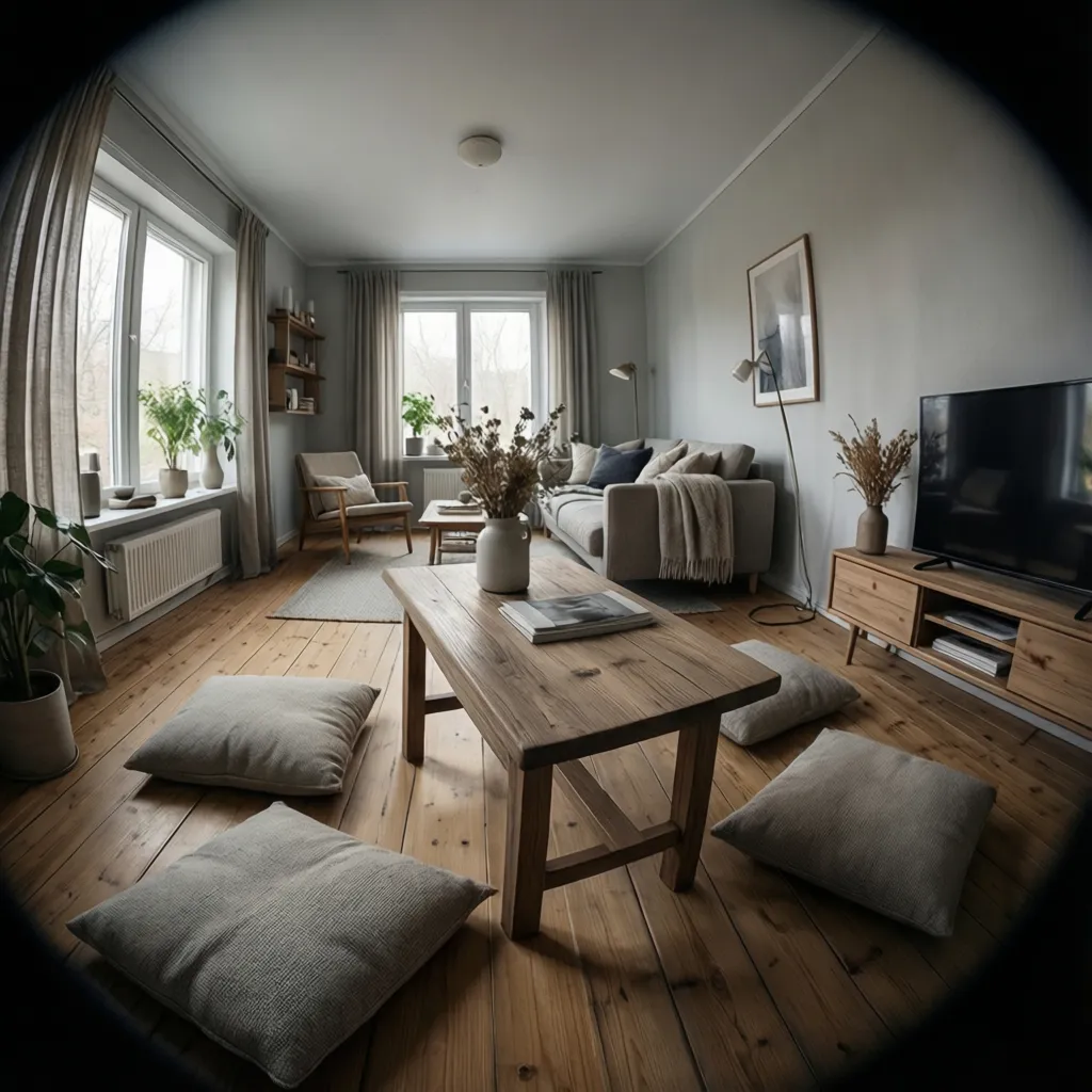 Low wooden floor table with cushions in a compact apartment living room