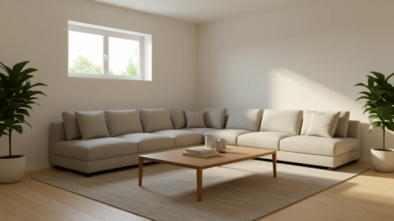 Low sofa and open furniture layout improving light flow from a small window