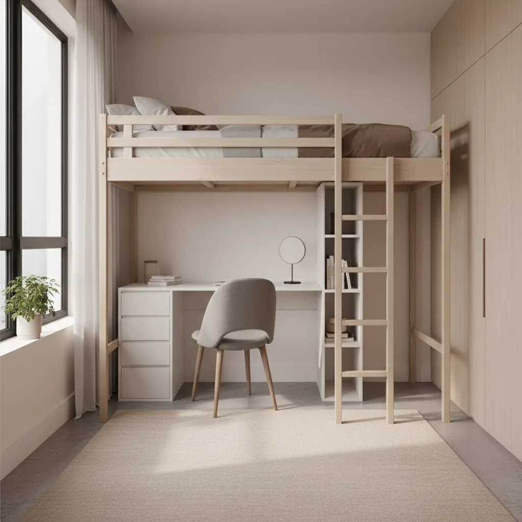 Low height loft bed with workspace underneath in a small room