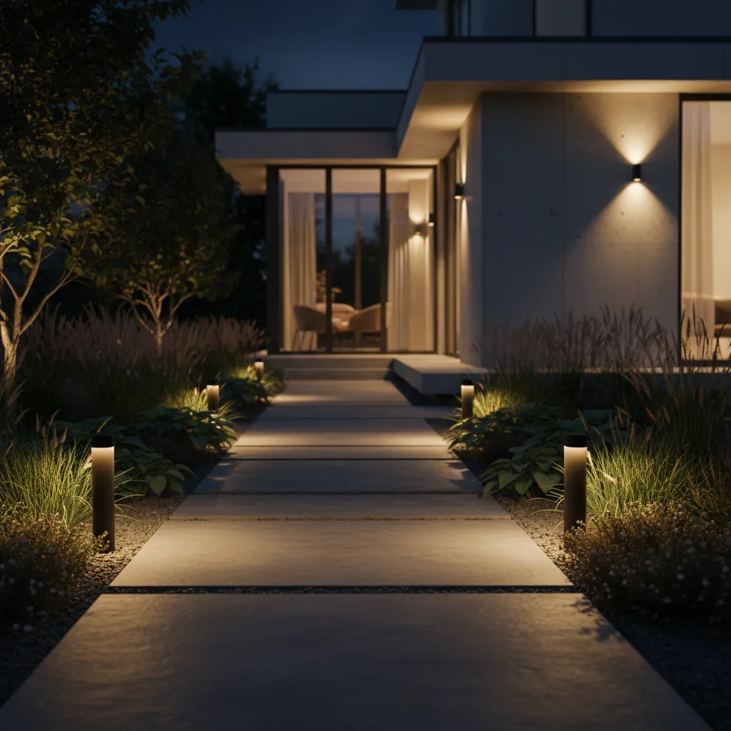 Residential garden pathway lighting using shielded warm LED fixtures