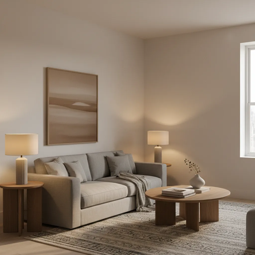 Low light living room with warm neutral paint color reflecting soft ambient light