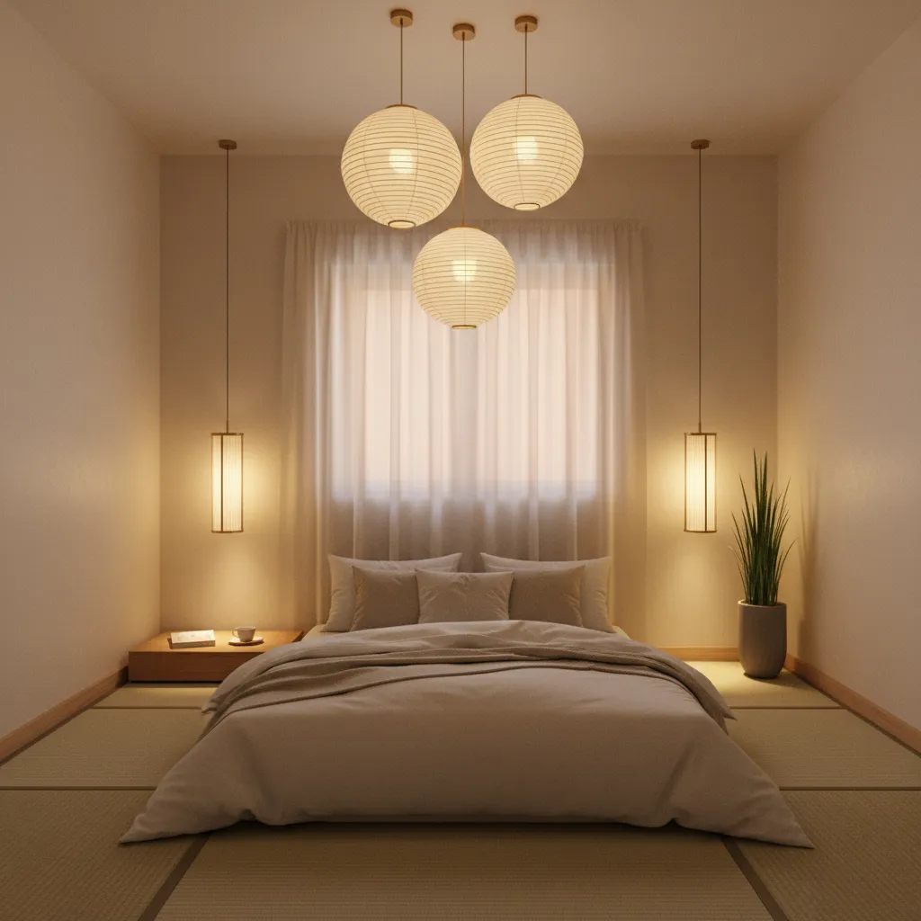 Floor mattress bedroom with warm low lighting and wall sconces