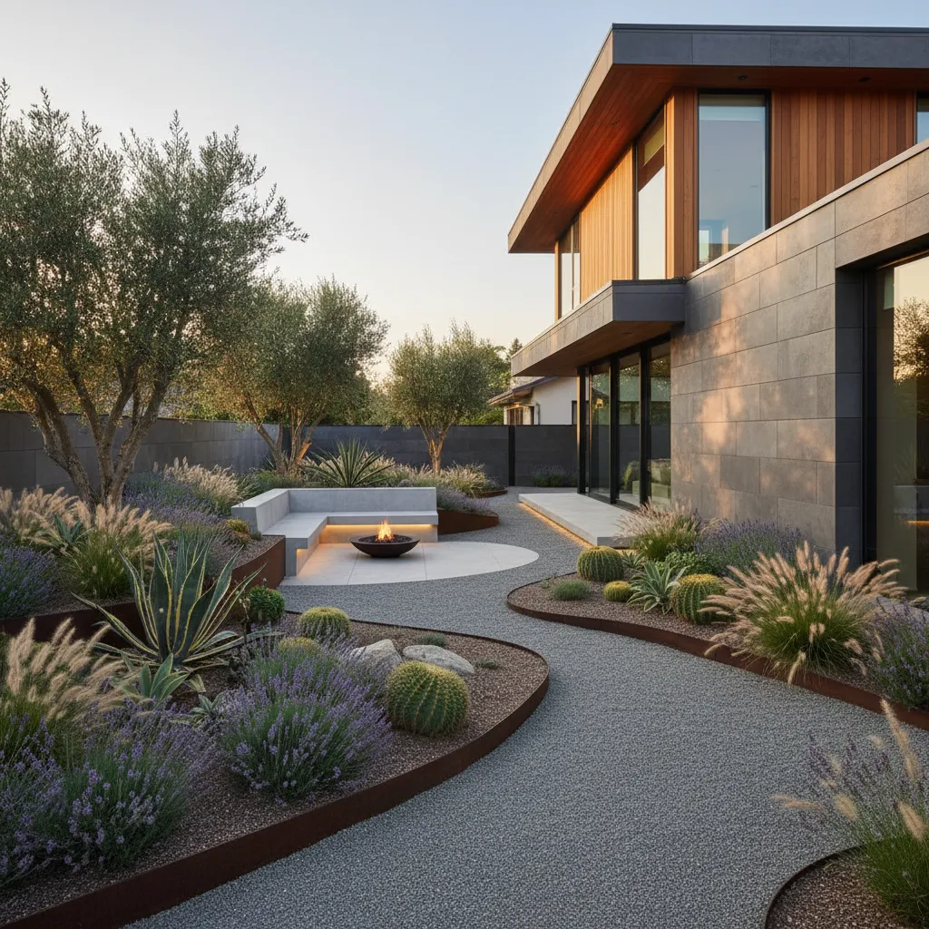 Jardín residencial de bajo mantenimiento con grava decorativa y plantas resistentes