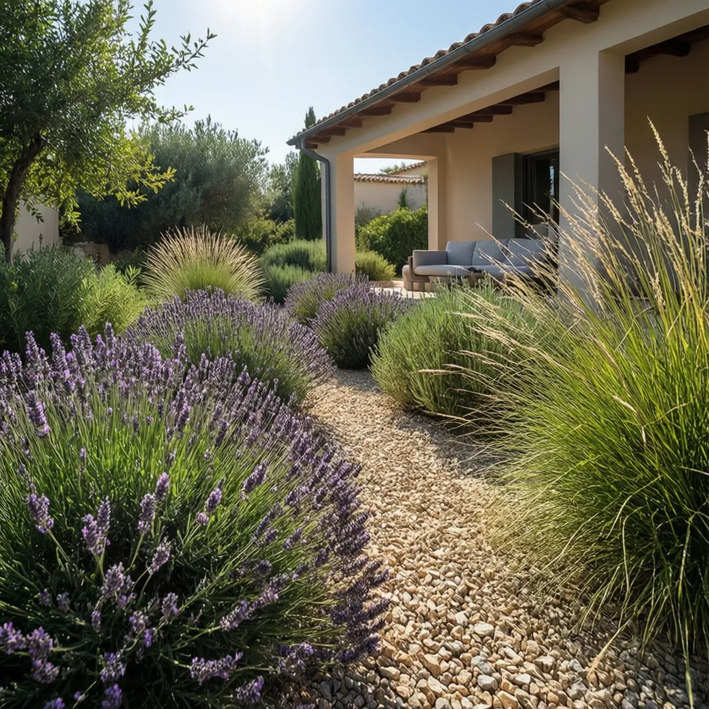 Low maintenance garden with purple lavender plants, gravel walkway, and house with comfortable outdoor sofa
