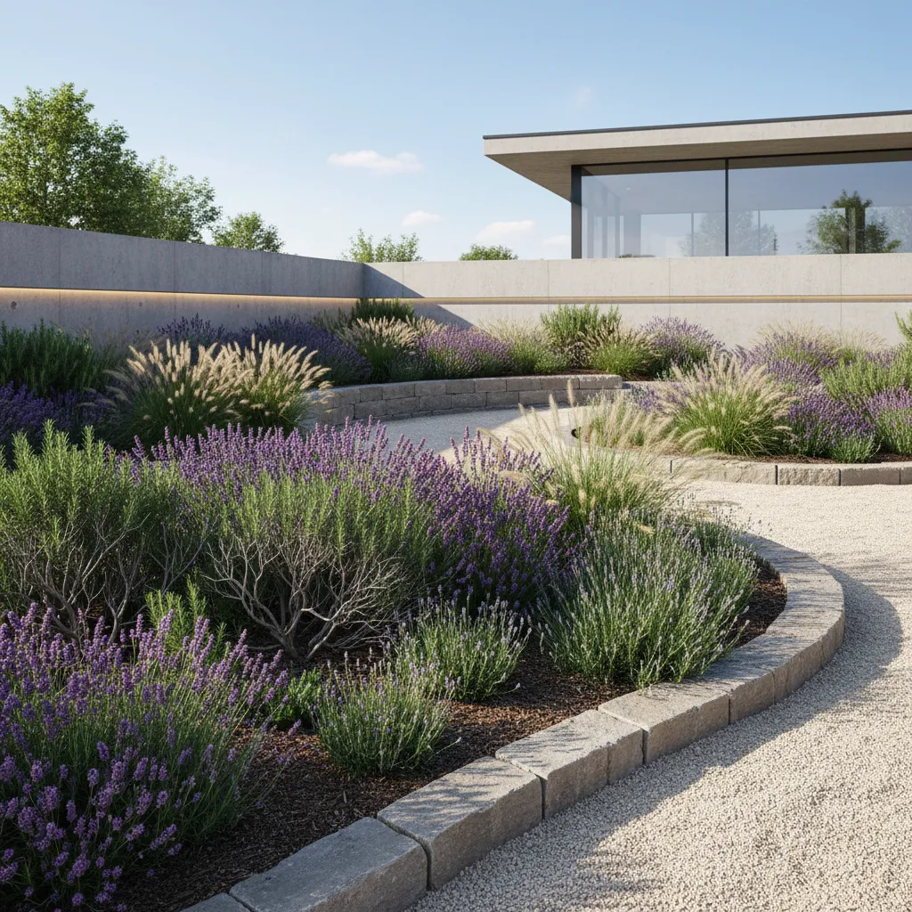 Purple lavender plants and tall grass growing along a grey gravel path in a garden