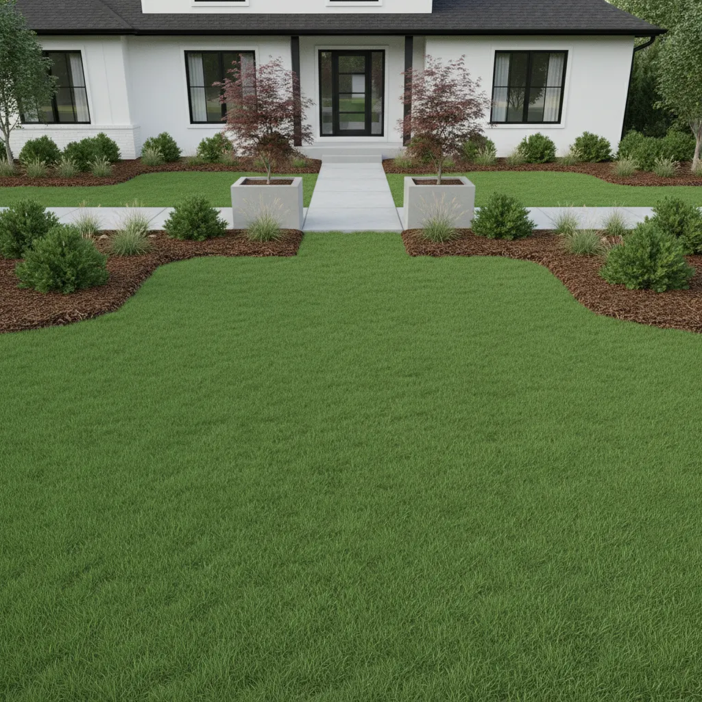 Low maintenance landscape design with mulch beds shrubs and clean lawn layout