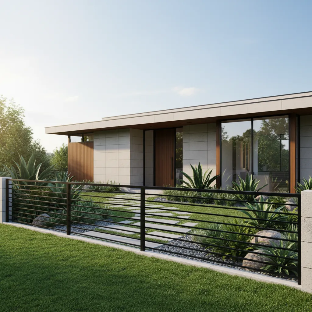 Reja frontal baja con jardín visible en casa moderna