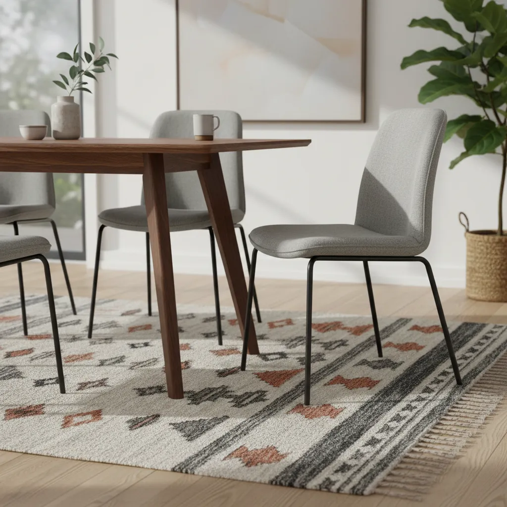 low pile patterned dining room rug under modern table and chairs