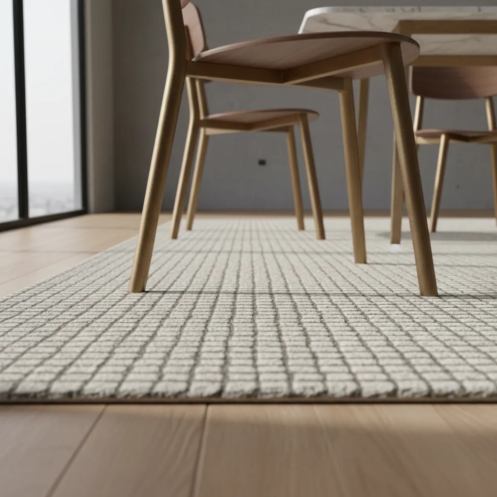 Close view of low pile dining room rug under chair legs