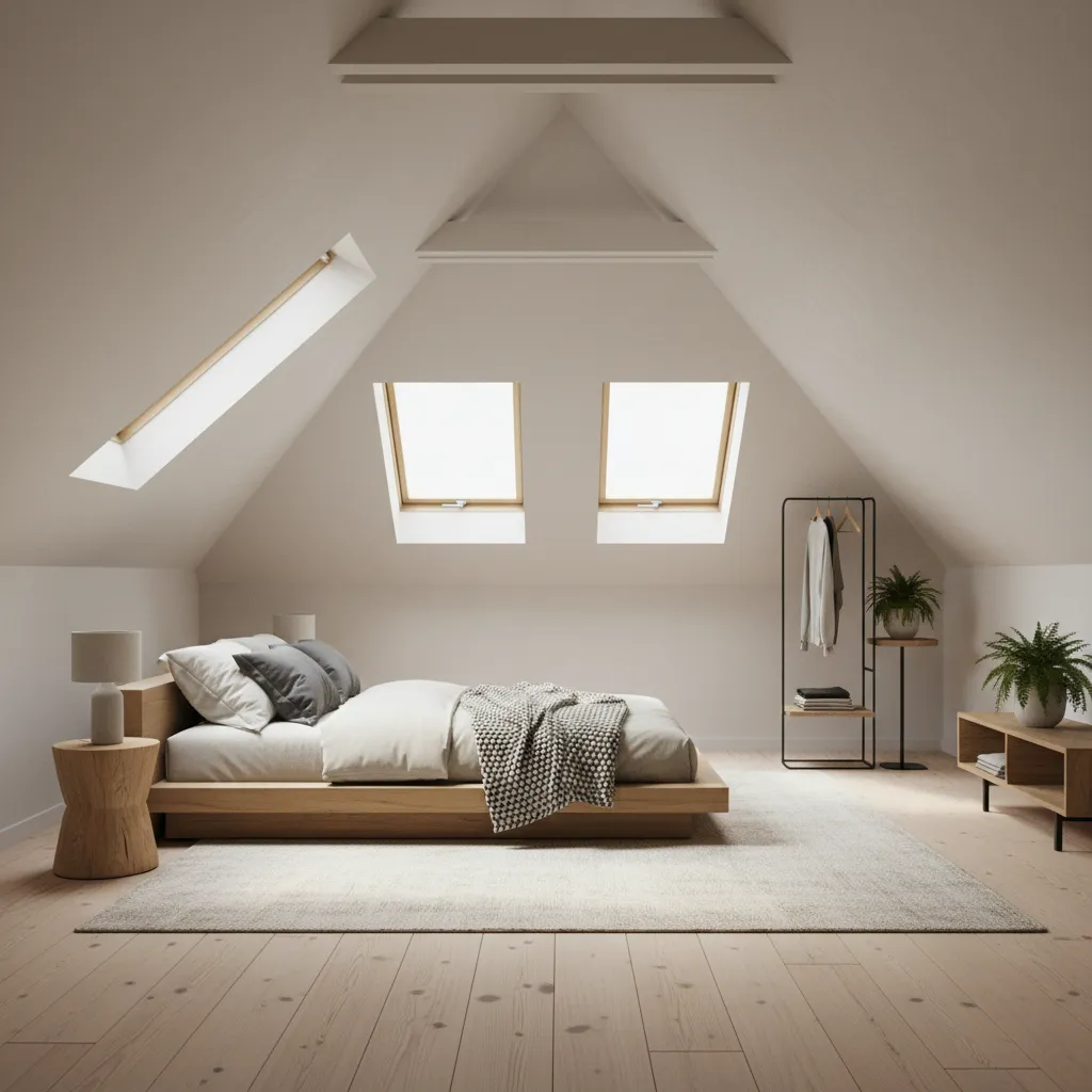 low platform bed in a loft bedroom under sloped ceiling