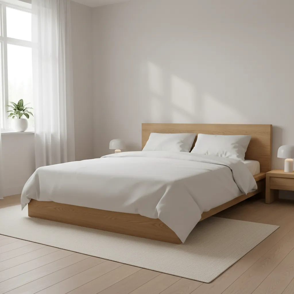 low profile platform queen bed in minimalist small bedroom