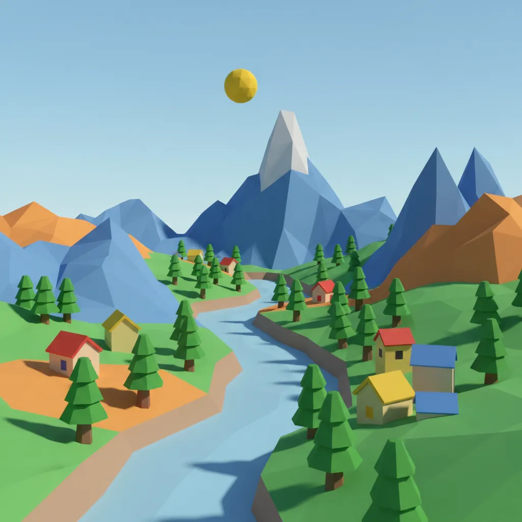 Low poly 3D environment with simplified geometric shapes