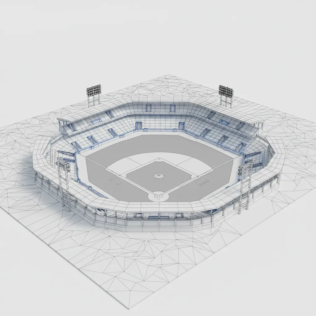Low poly baseball field geometry wireframe comparison
